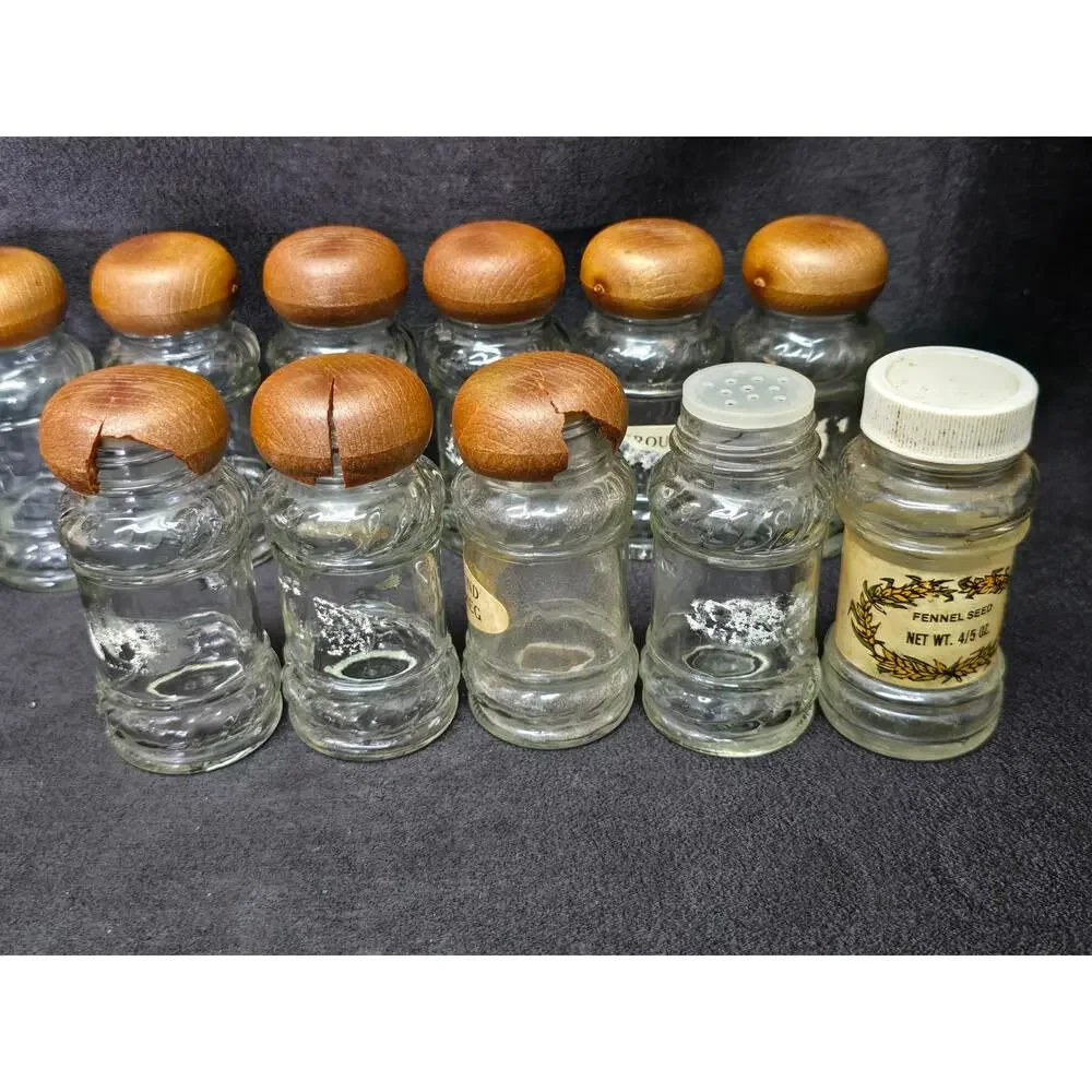 Vintage Glass Spice Bottles Shaker Jars With Faux Wood Lids Lot Of 12